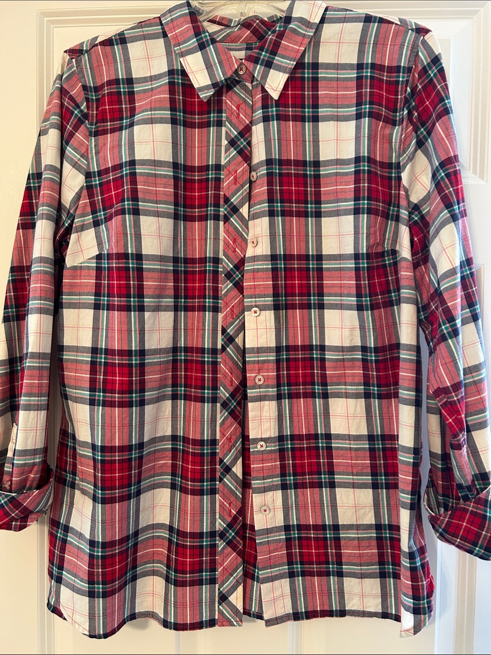 Classic Red Plaid Button-Up Shirt with gold thread